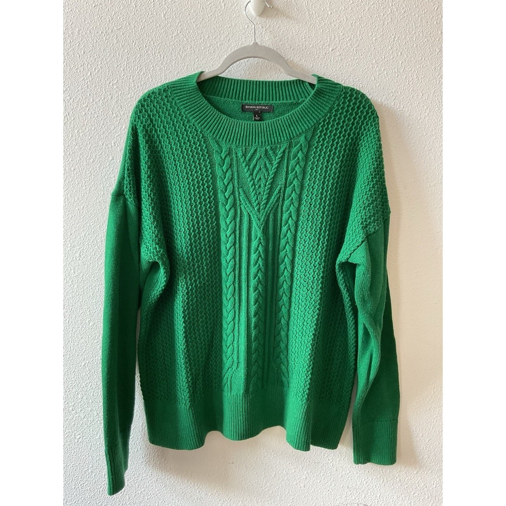 Banana Republic Cable Knit Ribbed Green Sweater Large Cotton Blend